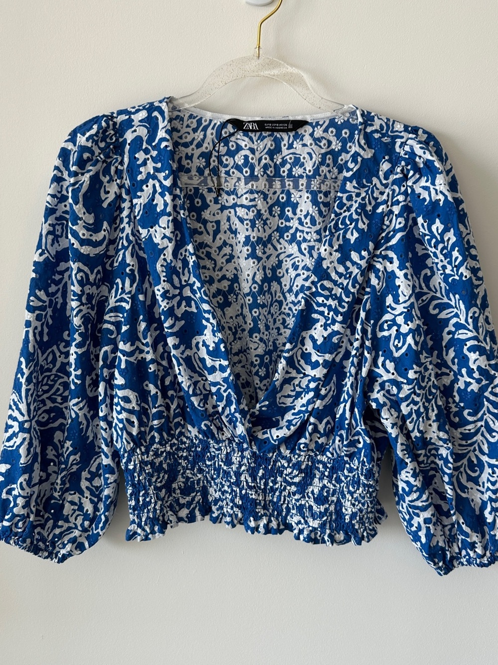 Zara Blue and White Floral Print V-Neck Smocked Waist Blouse